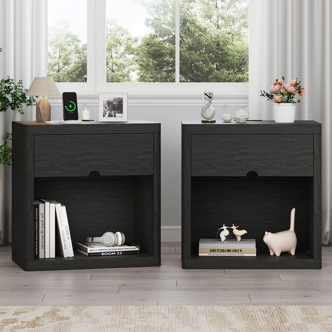 IDEALSOUL Nightstand , Nightstand with Charging Station, 24inch Bedside Table with Curved Top Corners, Crescent Shaped Buckle, Wooden End Table for Bedroom Living Room