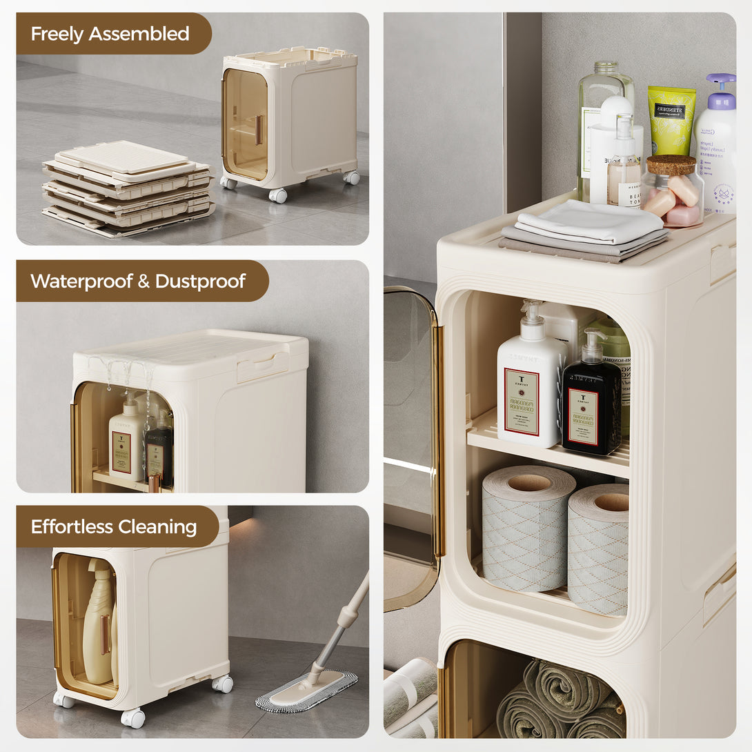 Narrow Storage Cabinet, Slim Bathromm Storage Cabinet With Wheels, Removable Partitions, Transparent Doors, Narrow Cabinet For Small Spaces, Bathroom, Bedroom, Living Room, Laundry