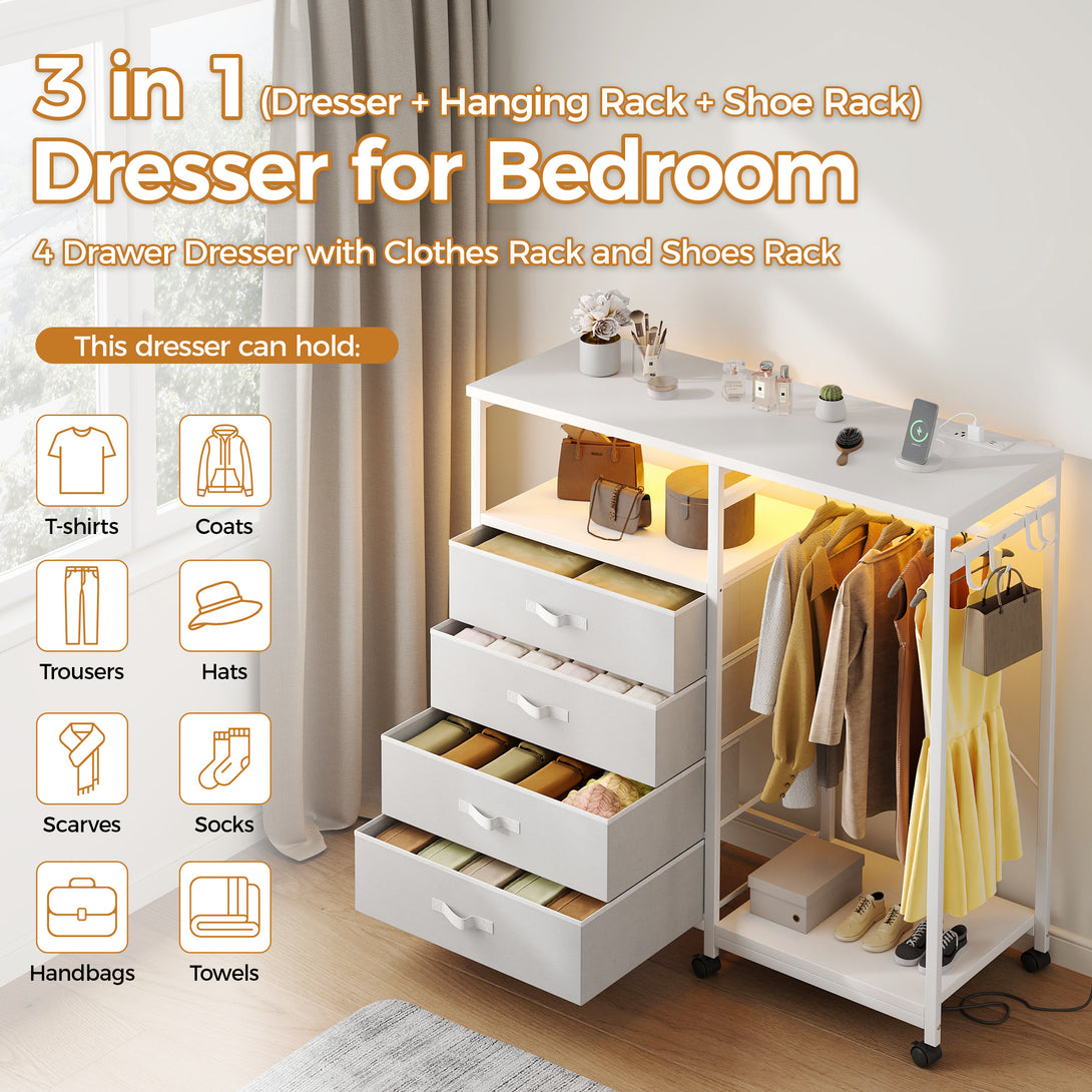 Dresser with Hanging Rack, Bedroom Dresser with Hanging Rack Chest of Drawers with Fabric Drawers & LED Lights & Charging Station, Rust Brown