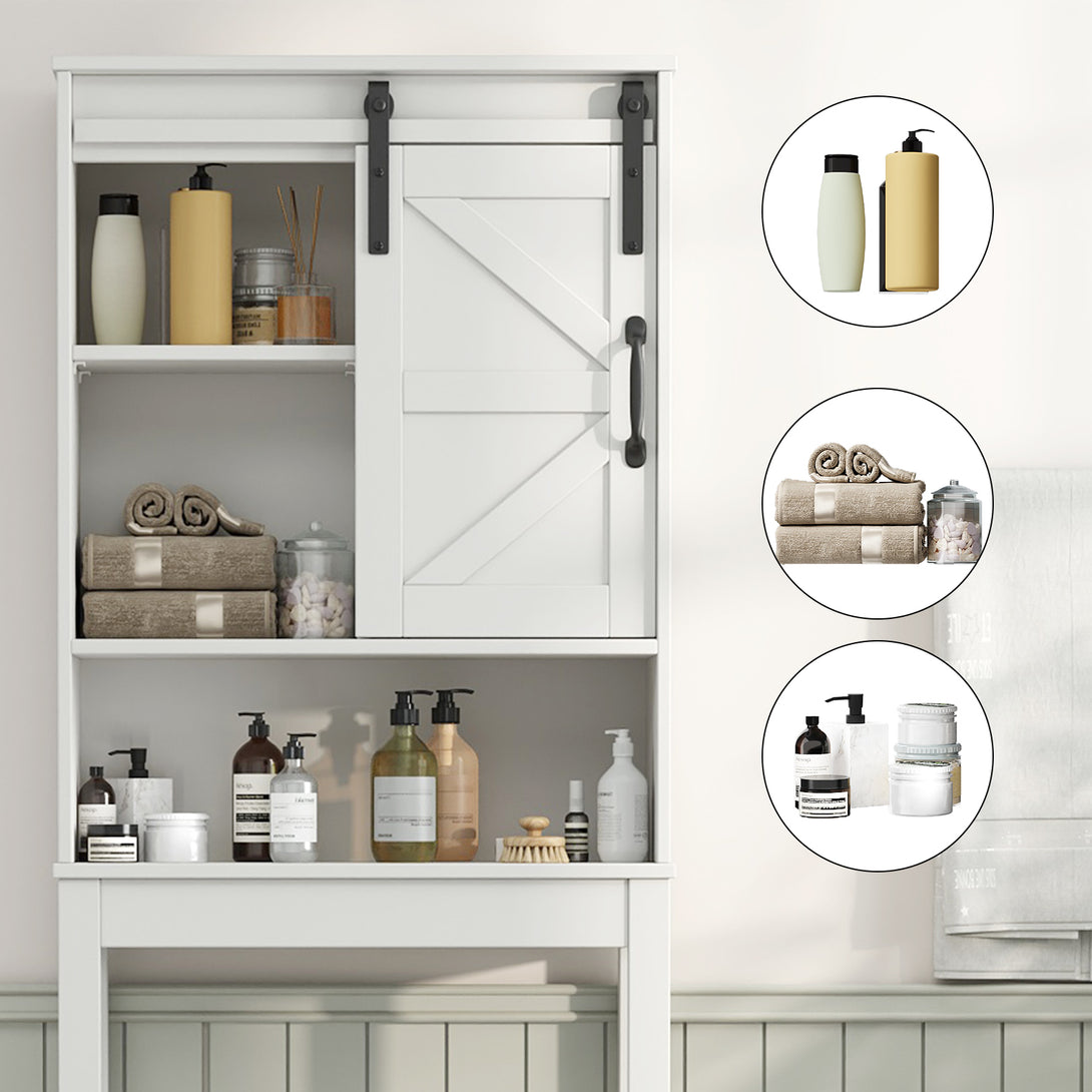 Over The Toilet Storage Shelves, Farmhouse Storage Shelves Over Toilet with Sliding Barn Door & Adjustable Shelves