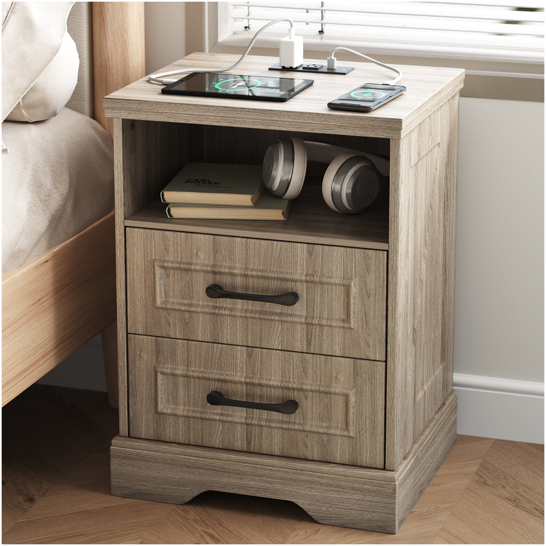 Nightstand with Charging Station, Farmhouse Nightstands with 2 Drawers Storage Side Table Bedside Cabinet for Bedroom Living Room