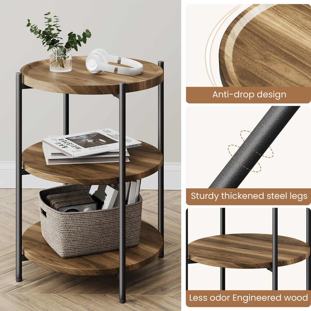 End Side Table, 3-Tier Coffee Table Small Round Table, Narrow Nightstand for Living Room Bedroom Outdoor