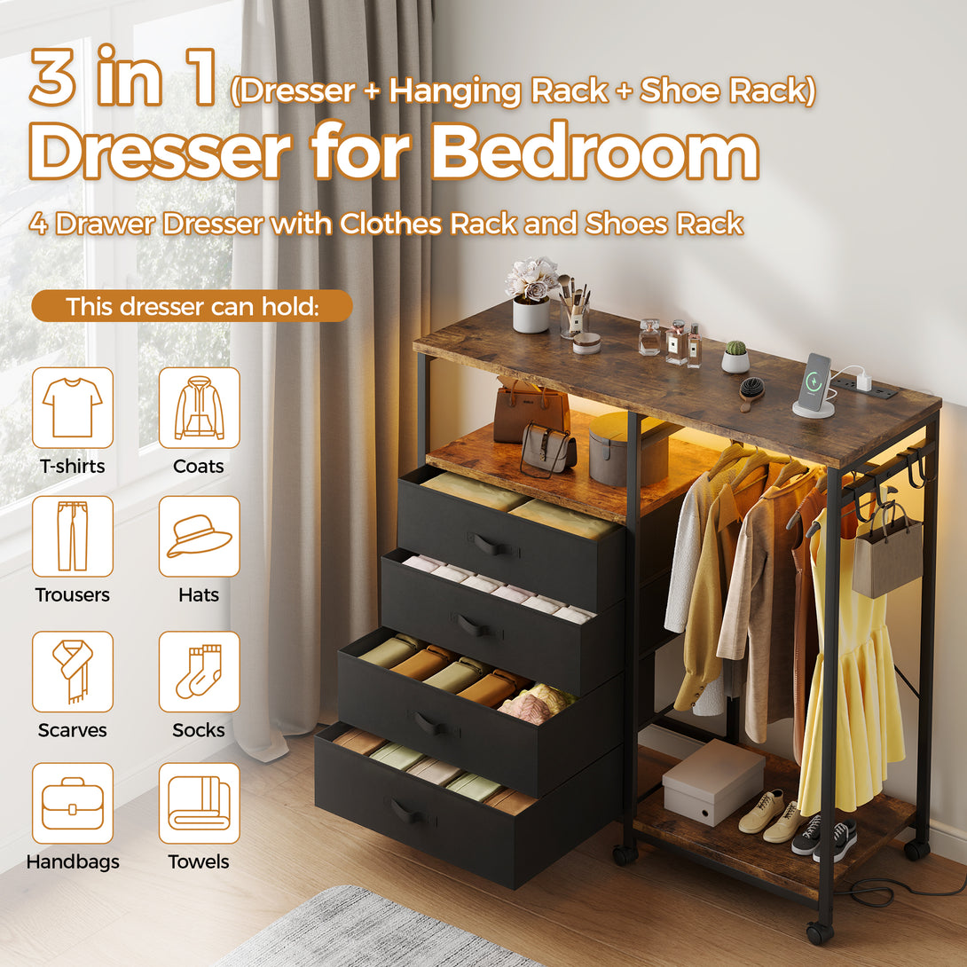 Dresser with Hanging Rack, Bedroom Dresser with Hanging Rack Chest of Drawers with Fabric Drawers & LED Lights & Charging Station, Rust Brown
