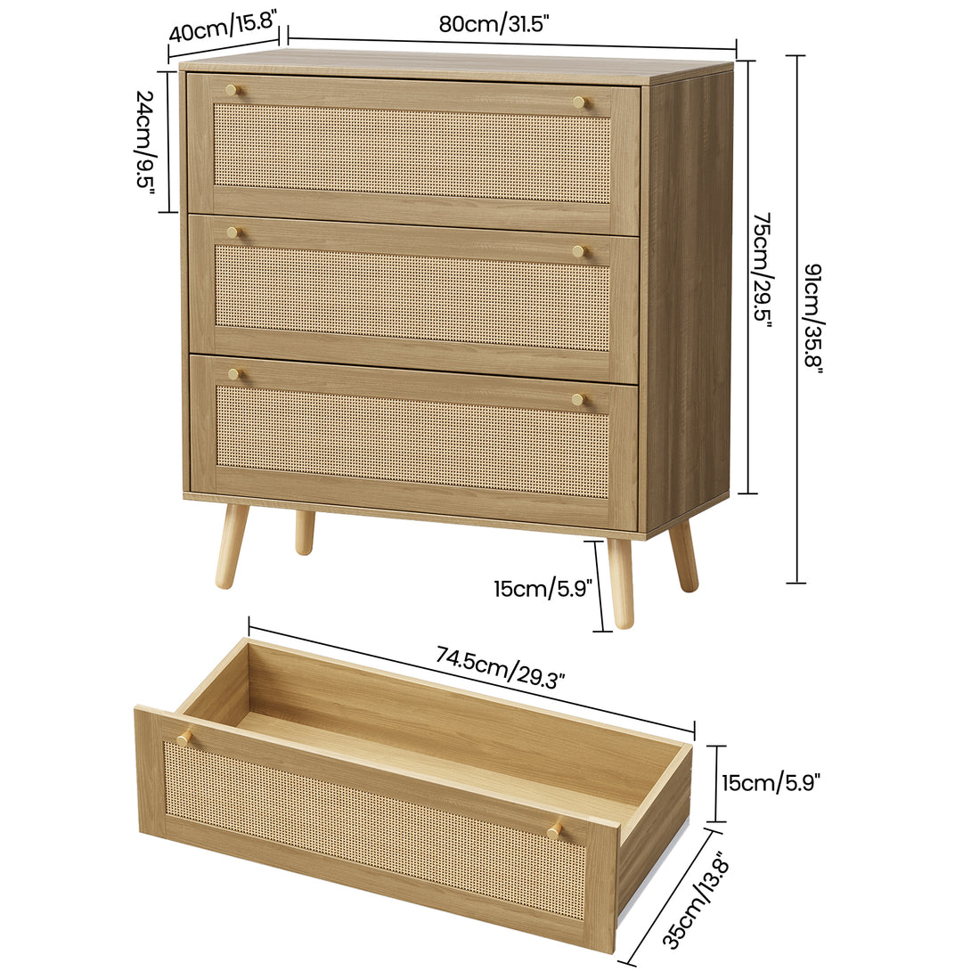 Dresser for Bedroom, Farmhouse Rattan Dressers, 3 Drawers Dressers Chest for Bedroom Hallway Living Room