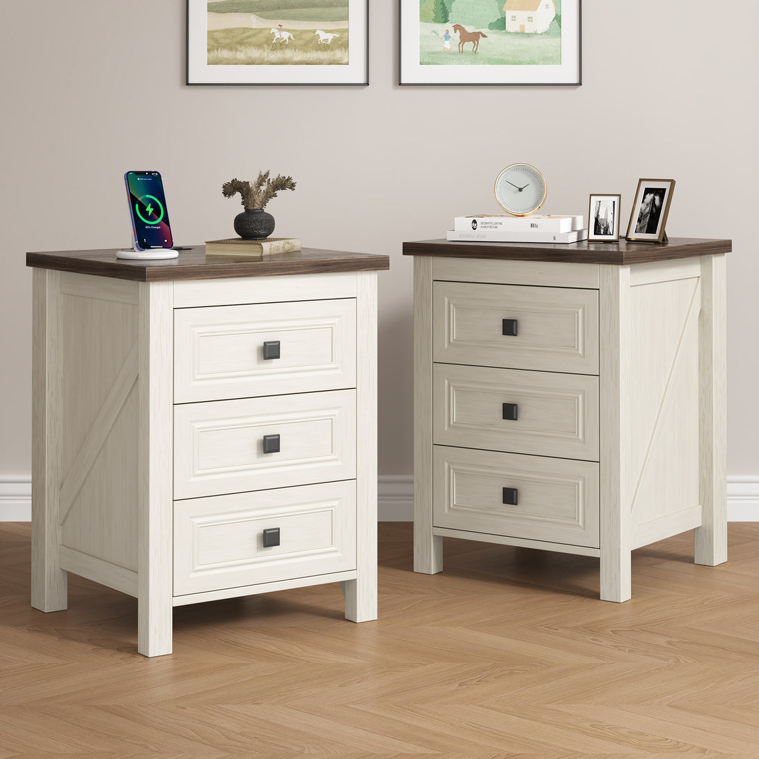 Nightstand Set of 2, bedside table with charging station, White farmhouse 3 drawer nightstand Rustic night stand end tables for bedroom Living Room