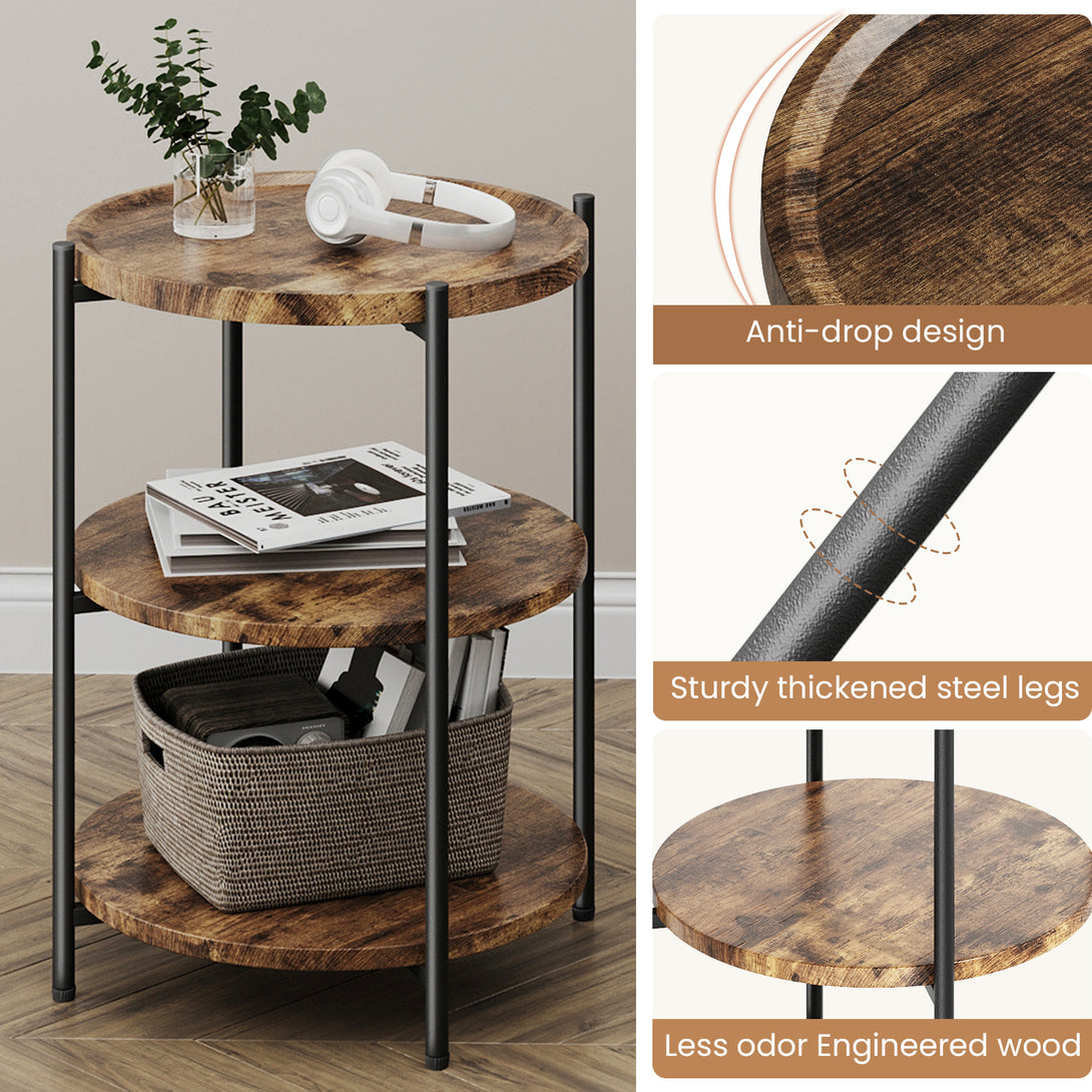 End Side Table, 3-Tier Coffee Table Small Round Table, Narrow Nightstand for Living Room Bedroom Outdoor