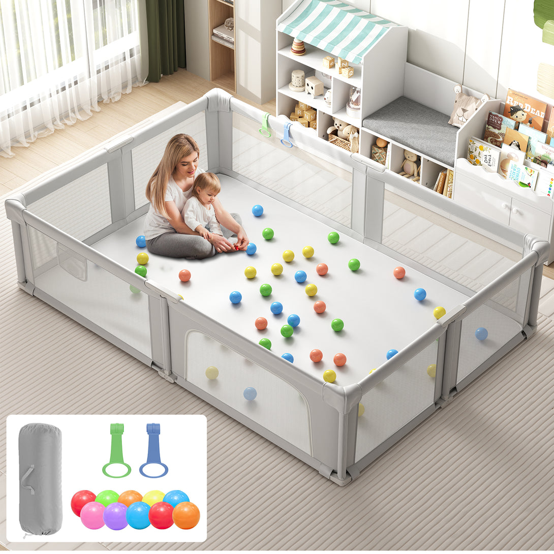 Baby Playpen, 70×61 In Play Yard, Foldable Large Playpens for Babies and Toddlers, with Mat and Carry Bag, Indoor & Outdoor Pack and Play, Oxford Fabric, Light Gray