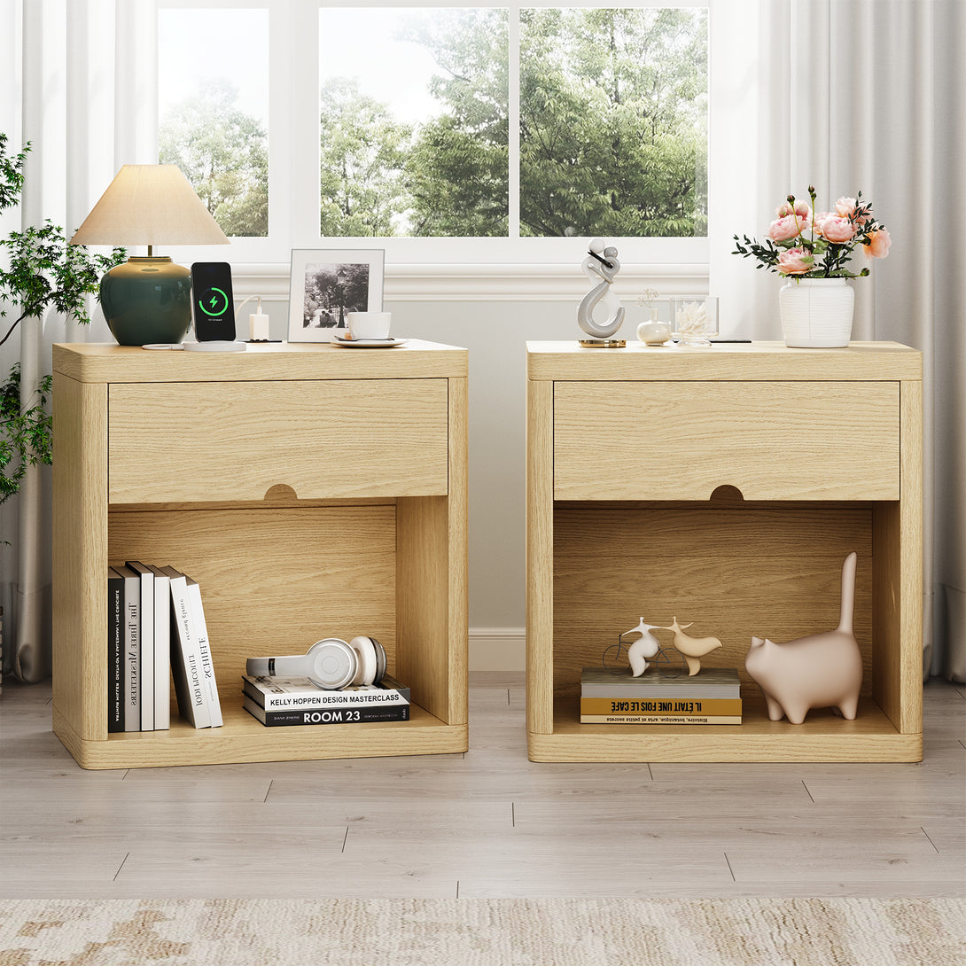 IDEALSOUL Nightstand , Nightstand with Charging Station, 24inch Bedside Table with Curved Top Corners, Crescent Shaped Buckle, Wooden End Table for Bedroom Living Room