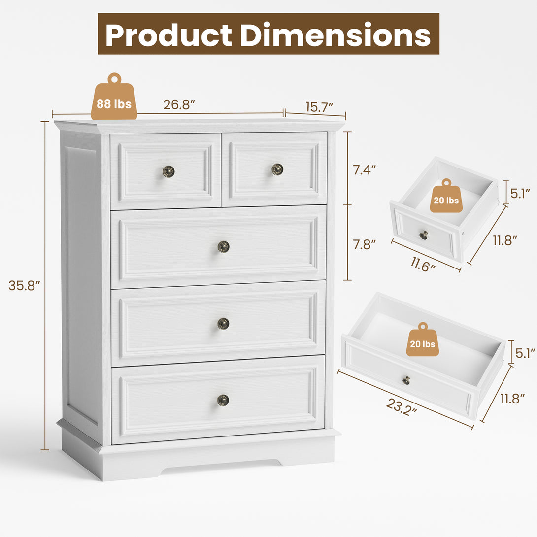 IDEALSOUL 5 Drawer Dresser for Bedroom, White Rustic Style Chest of Drawers, Retro Style 5 Drawer Dresser for Bedroom, Living Room, Bathroom