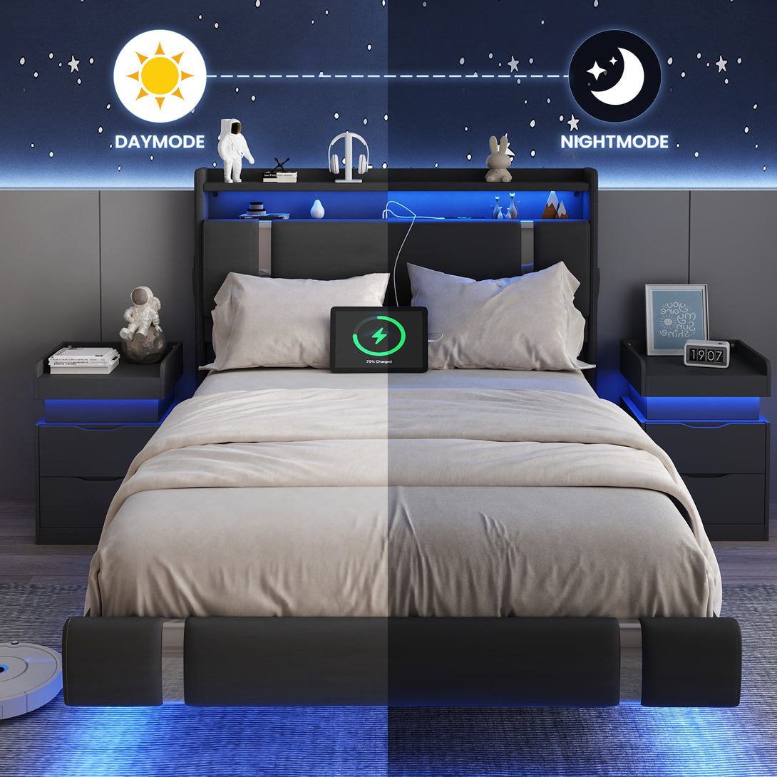 IDEALSOUL Full Size Bed Frame with LED Lights,Floating Metal Platform Bed with Storage Headboard,No Box Spring Needed,Easy to Assemble