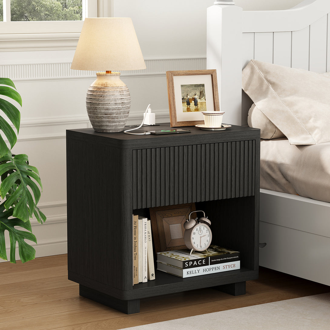 IDEALSOUL Nightstand, Fluted Bedside Table with Charging Station, End Table with open Storage, Large Wooden Night Stands Bedside for Bedroom Living Room