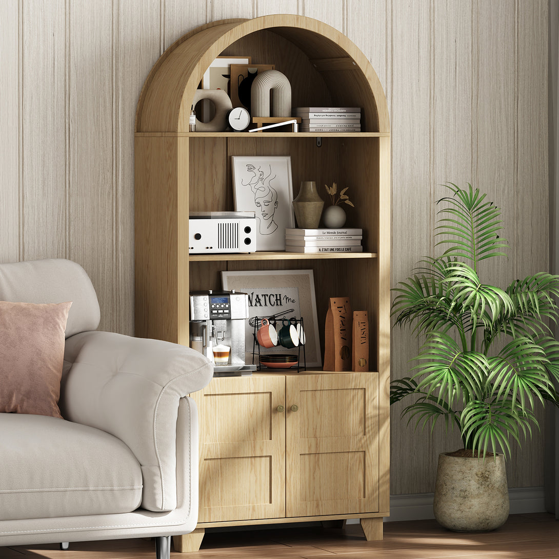 IDEALSOUL Arched Cabinet, 70-Inch Kitchen Pantry Storage Cabinet, Open Shelf Storage Cabinet with 2 Doors and 5 Shelves