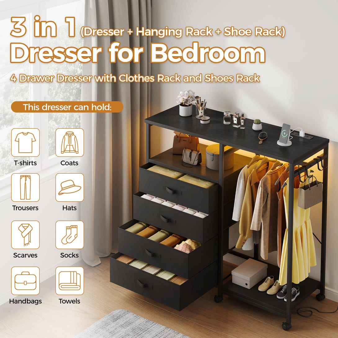 Dresser with Hanging Rack, Bedroom Dresser with Hanging Rack Chest of Drawers with Fabric Drawers & LED Lights & Charging Station, Rust Brown