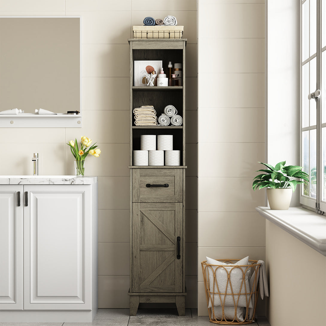 IDEALSOUL Tall Bathroom Storage Cabinet, Narrow Storage Cabinet, Freestanding Linen Cabinet with Barn Door and Drawer