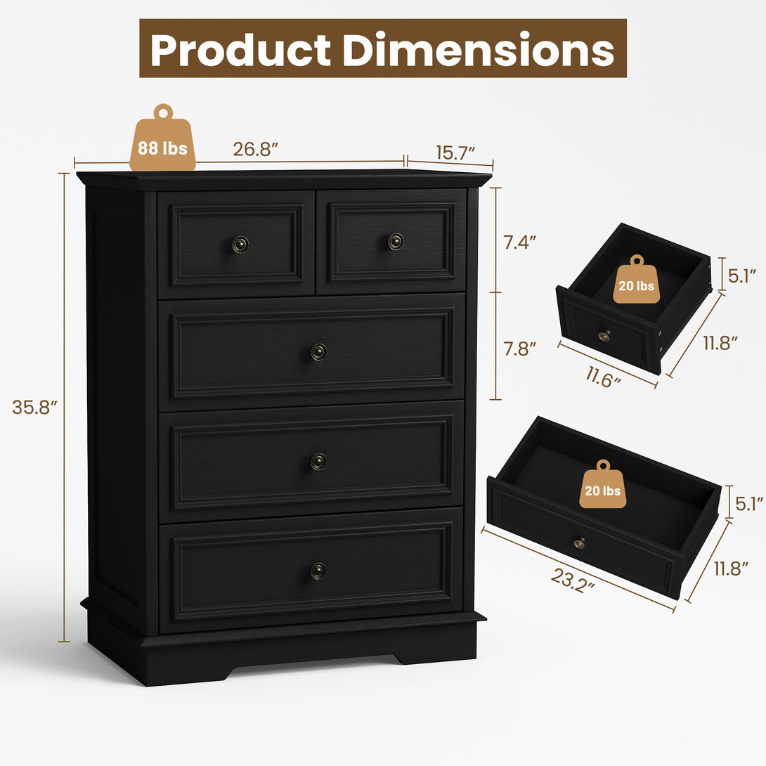 IDEALSOUL 5 Drawer Dresser for Bedroom, White Rustic Style Chest of Drawers, Retro Style 5 Drawer Dresser for Bedroom, Living Room, Bathroom