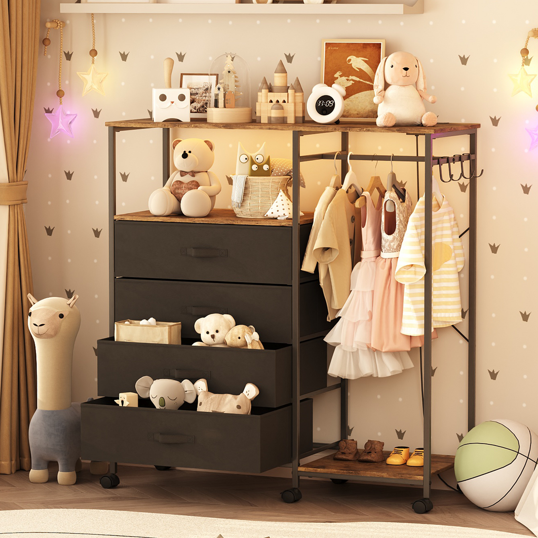 Dresser with Hanging Rack, Bedroom Dresser with Hanging Rack Chest of Drawers with Fabric Drawers & LED Lights & Charging Station, Rust Brown