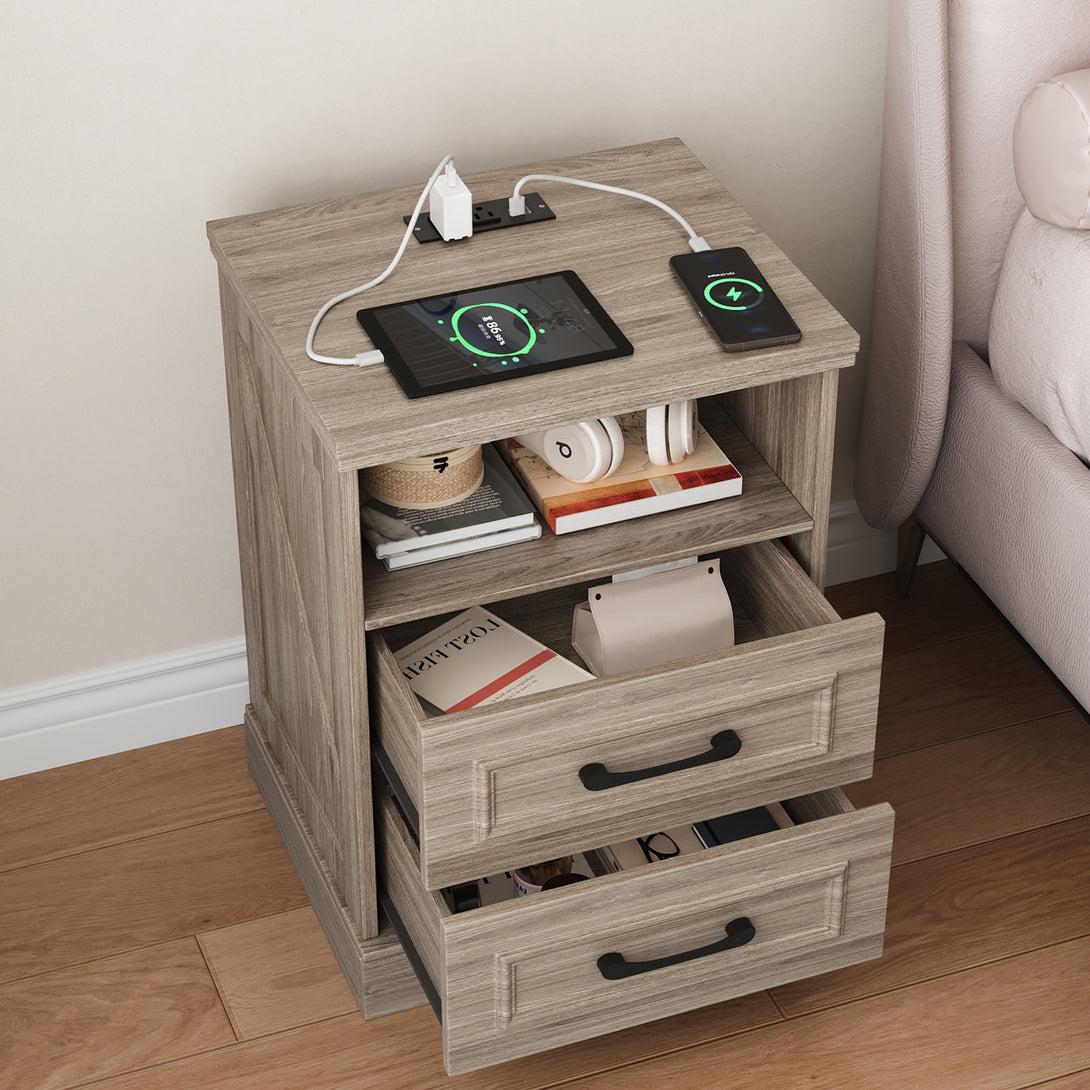 Nightstand with Charging Station, Farmhouse Nightstands with 2 Drawers Storage Side Table Bedside Cabinet for Bedroom Living Room