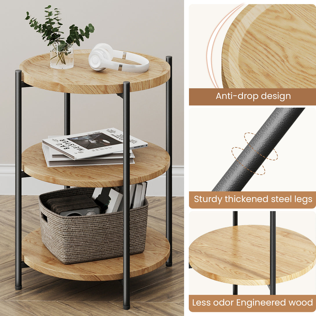 End Side Table, 3-Tier Coffee Table Small Round Table, Narrow Nightstand for Living Room Bedroom Outdoor