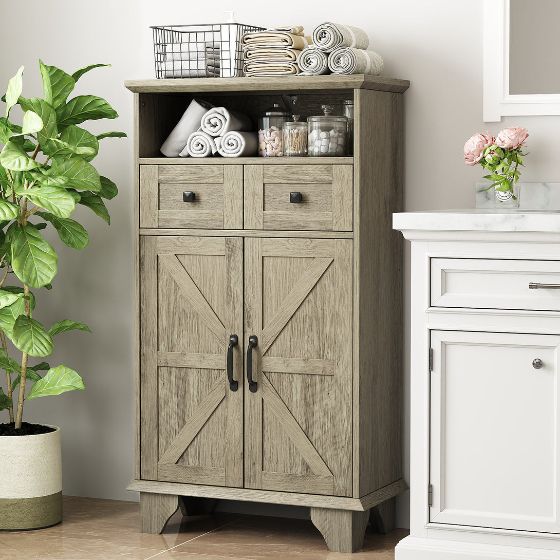 Bathroom Storage Cabinet with Doors and Drawers, Farmhouse Bathroom Floor Cabinet freestanding with Adjustable Shelf, 41.3"H Bathroom Organizer