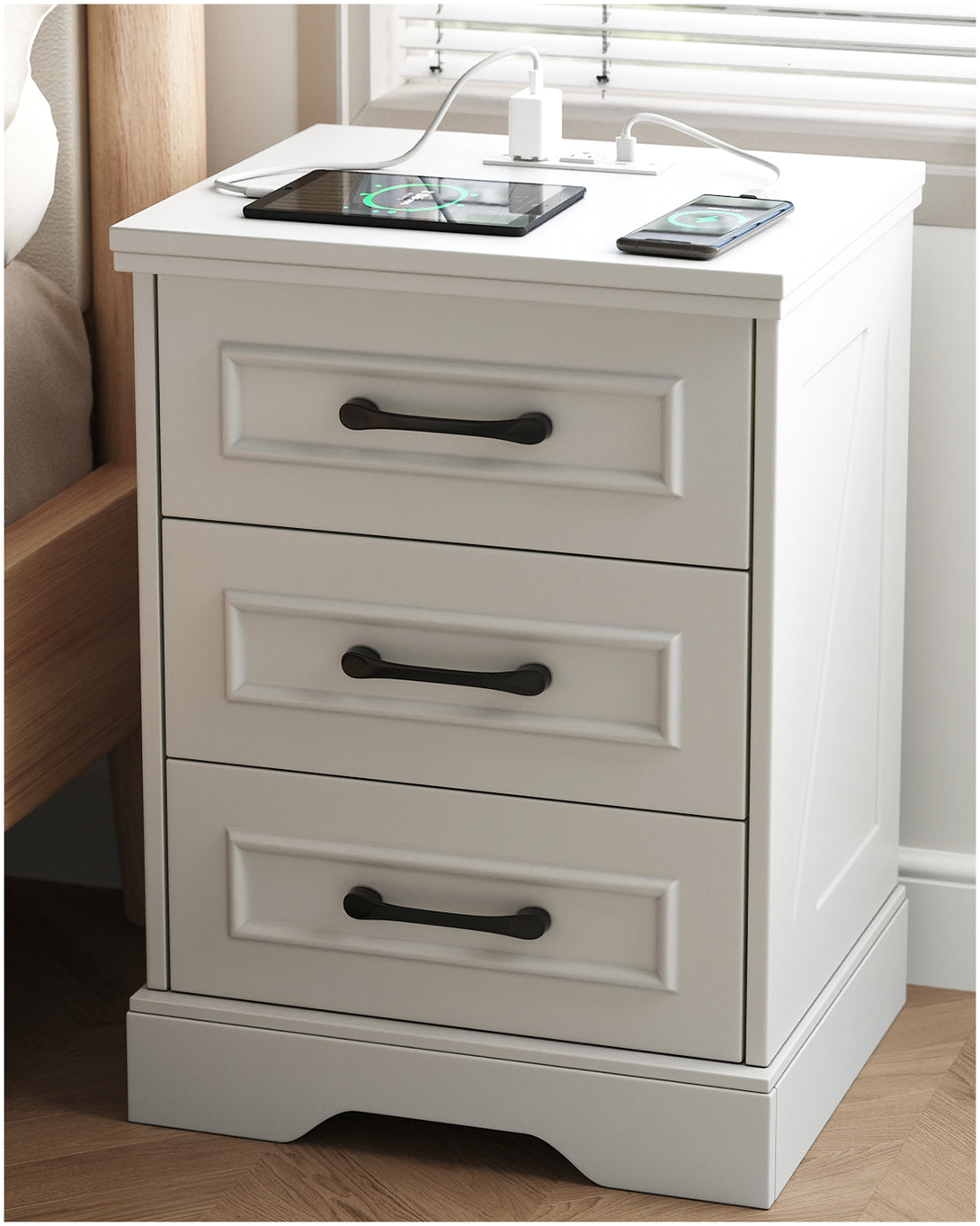 Nightstand for bedroom,White Farmhouse End Table with Charging Station,3 Drawers Storage