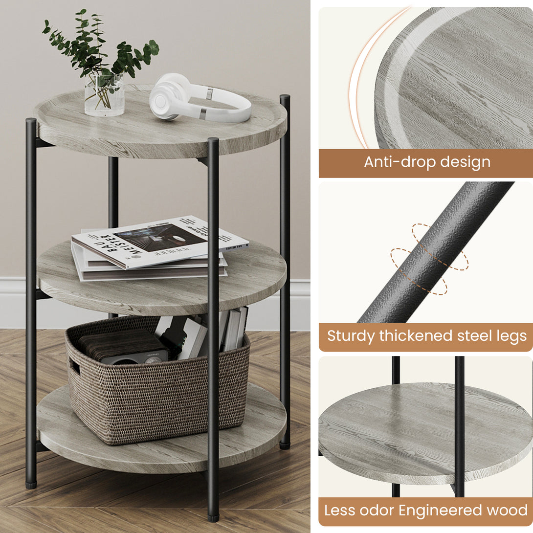 End Side Table, 3-Tier Coffee Table Small Round Table, Narrow Nightstand for Living Room Bedroom Outdoor