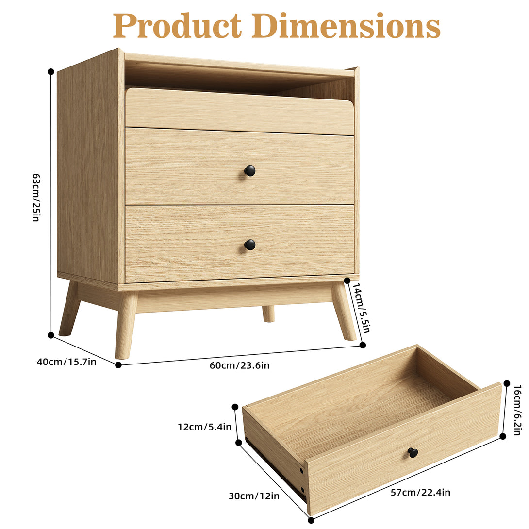 Nightstand Bedside Table, 25"H×23.6"W 3 Drawer Dresser with Hidden Charging Station, End Side Table for Bedroom Furniture