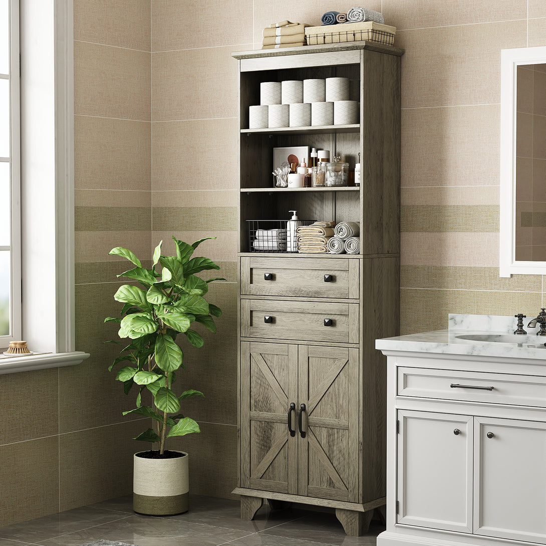 IDEALSOUL Tall Bathroom Storage Cabinet, 72" Farmhouse Storage Cabinet with 2 Drawers, Adjustable Shelves & Barn Door, Cabinet for Bathroom, Living Room, Kitchen