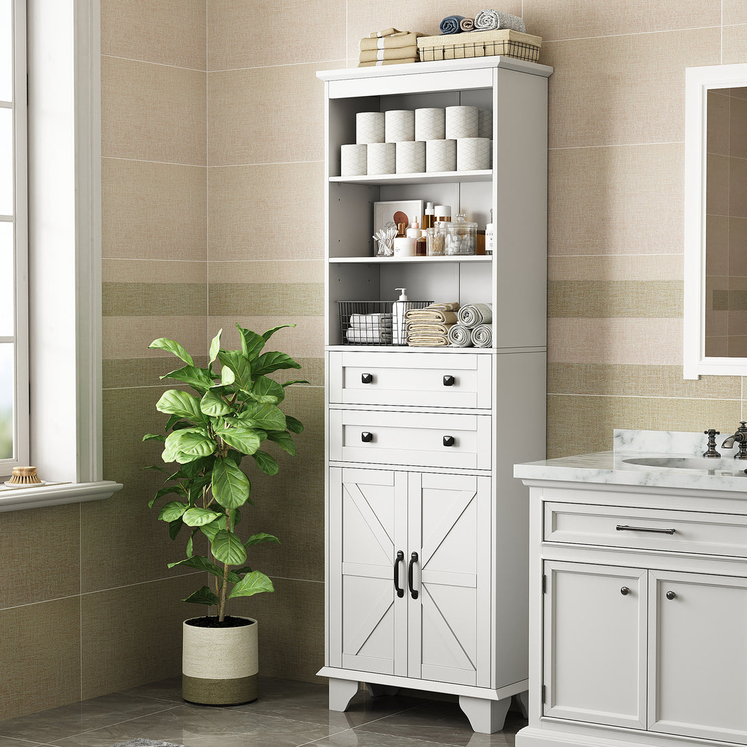 IDEALSOUL Tall Bathroom Storage Cabinet, 72" Farmhouse Storage Cabinet with 2 Drawers, Adjustable Shelves & Barn Door, Cabinet for Bathroom, Living Room, Kitchen