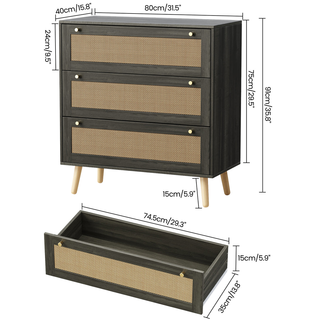 Dresser for Bedroom, Farmhouse Rattan Dressers, 3 Drawers Dressers Chest for Bedroom Hallway Living Room