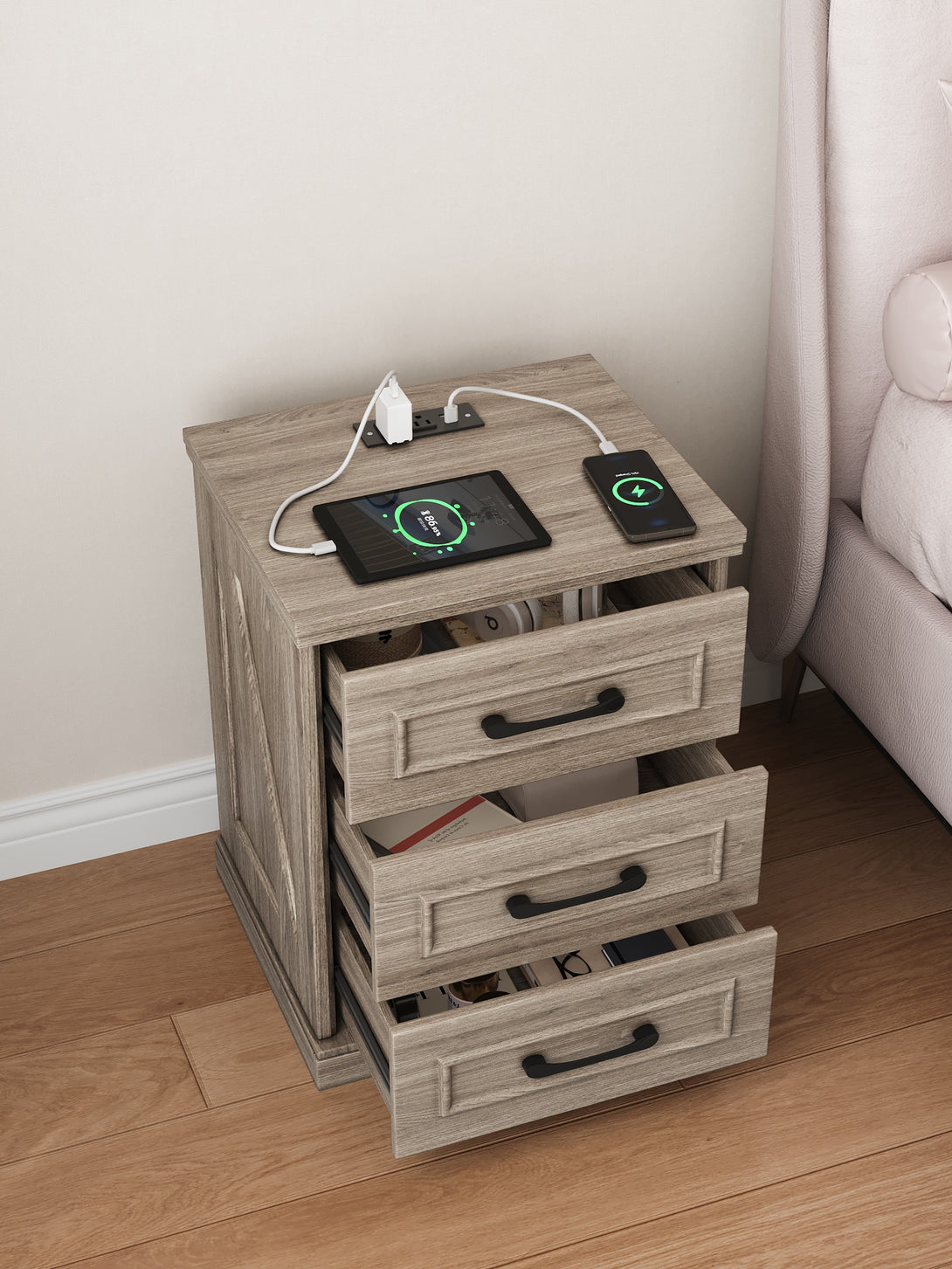 Nightstand , Farmhouse End Table with Charging Station,3 Drawers Storage