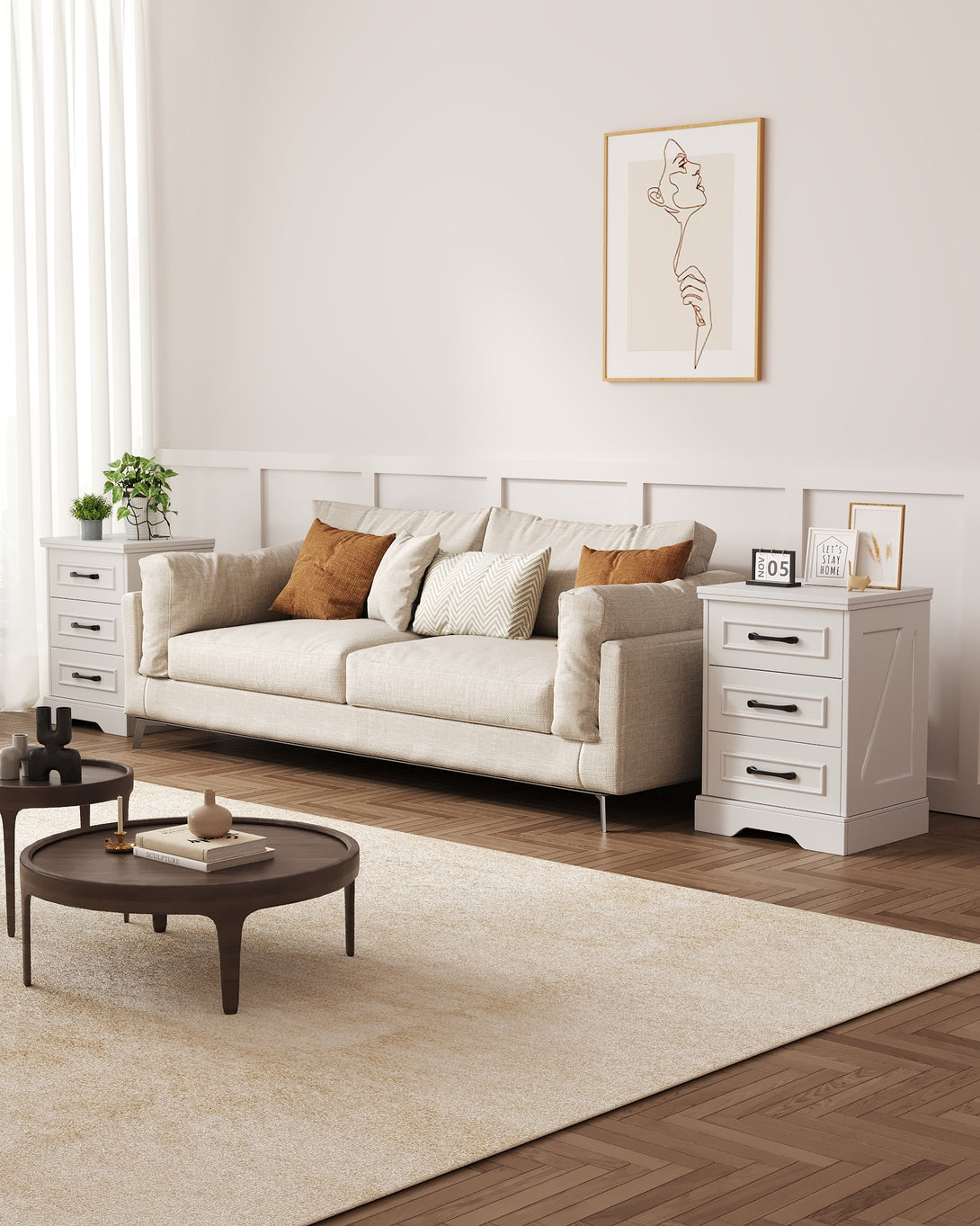 Nightstand for bedroom,White Farmhouse End Table with Charging Station,3 Drawers Storage