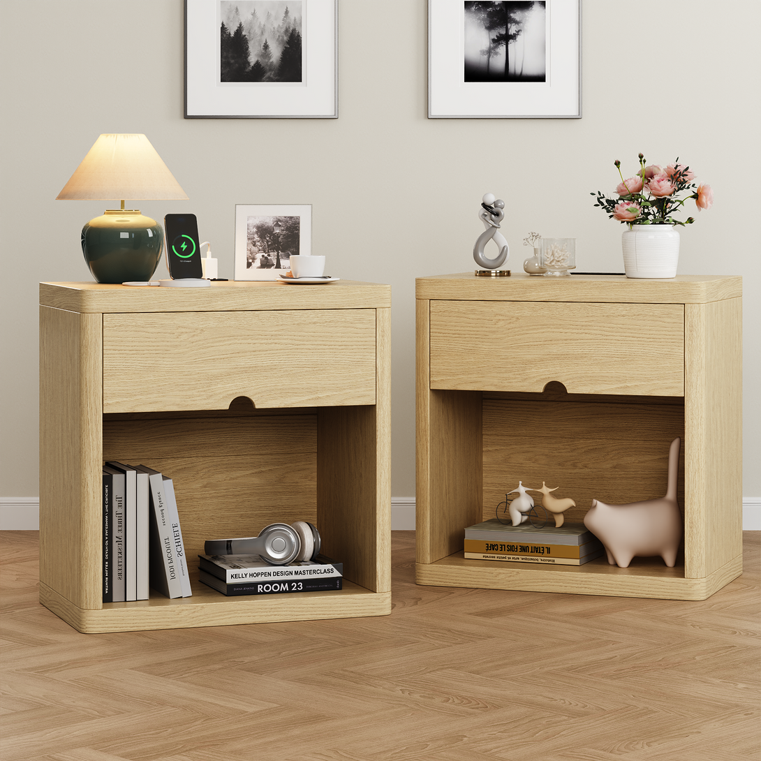 IDEALSOUL Nightstand , Nightstand with Charging Station, 24inch Bedside Table with Curved Top Corners, Crescent Shaped Buckle, Wooden End Table for Bedroom Living Room