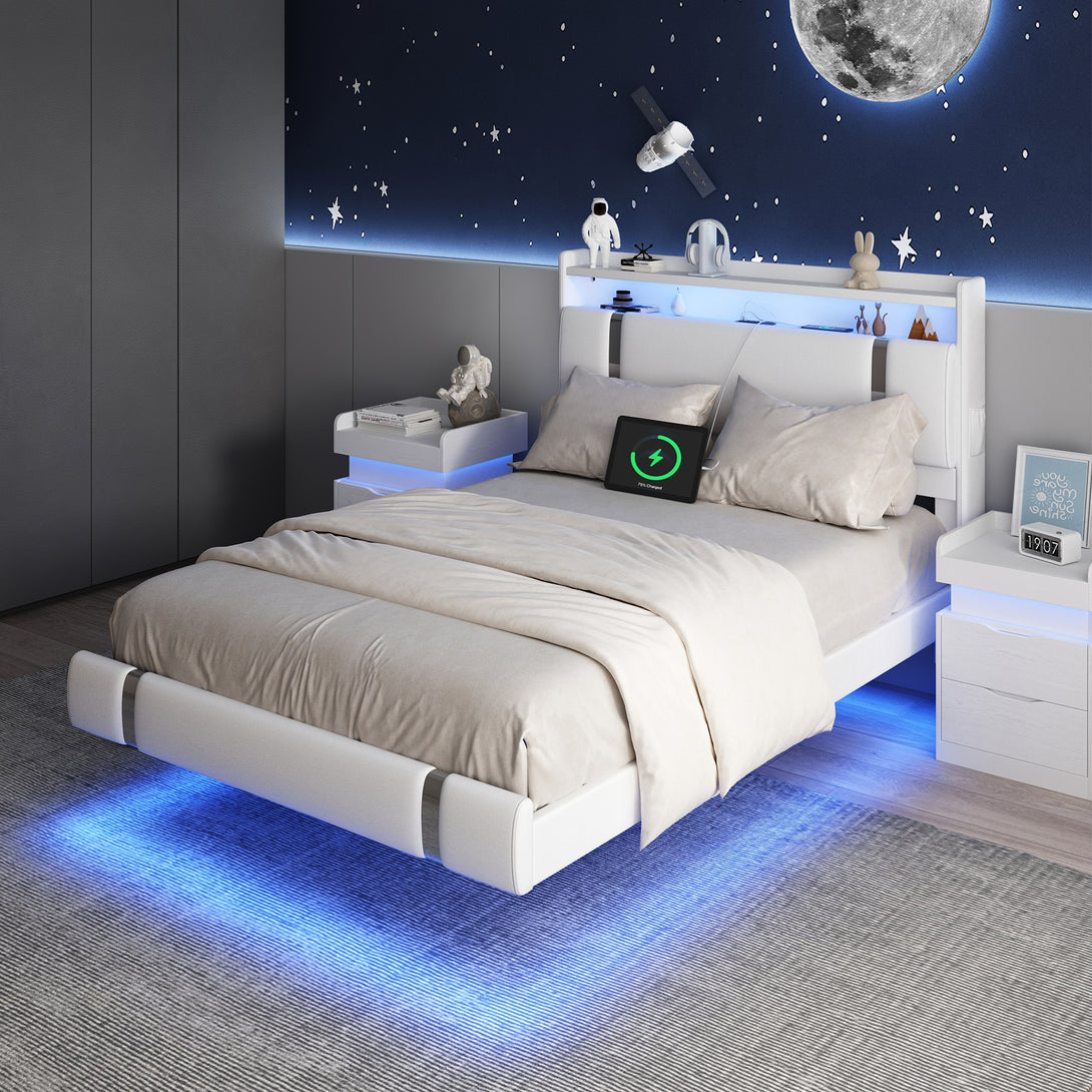 IDEALSOUL Full Size Bed Frame with LED Lights,Floating Metal Platform Bed with Storage Headboard,No Box Spring Needed,Easy to Assemble