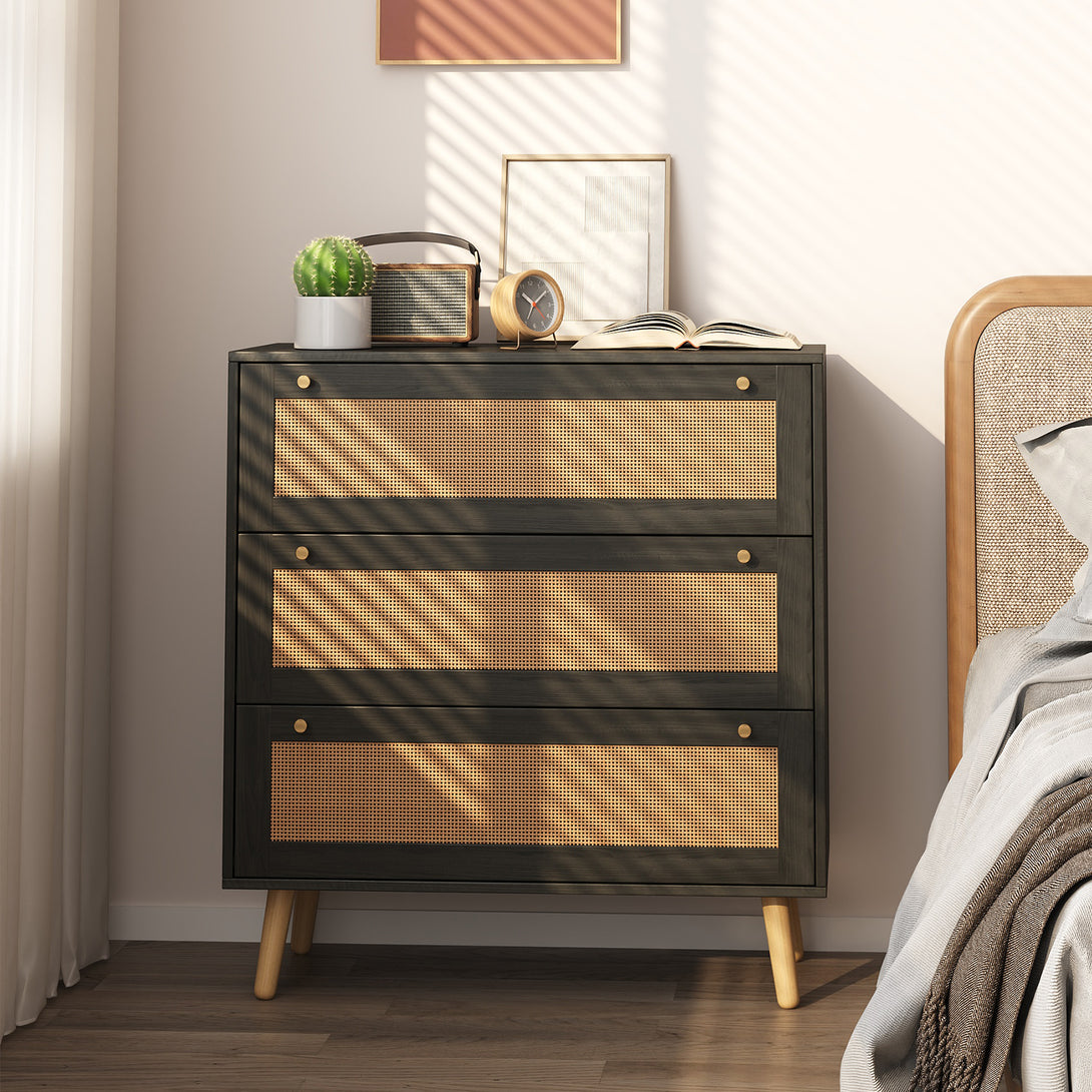 Dresser for Bedroom, Farmhouse Rattan Dressers, 3 Drawers Dressers Chest for Bedroom Hallway Living Room