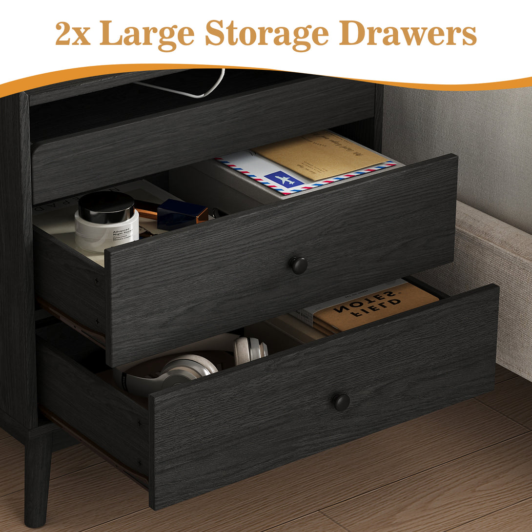 Nightstand Bedside Table, 25"H×23.6"W 3 Drawer Dresser with Hidden Charging Station, End Side Table for Bedroom Furniture