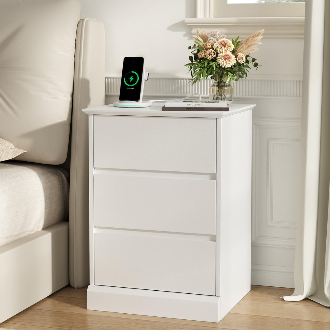 3 Drawers Nightstand with Charging Station, Bedside Table with Storage for Living Room Bedroom