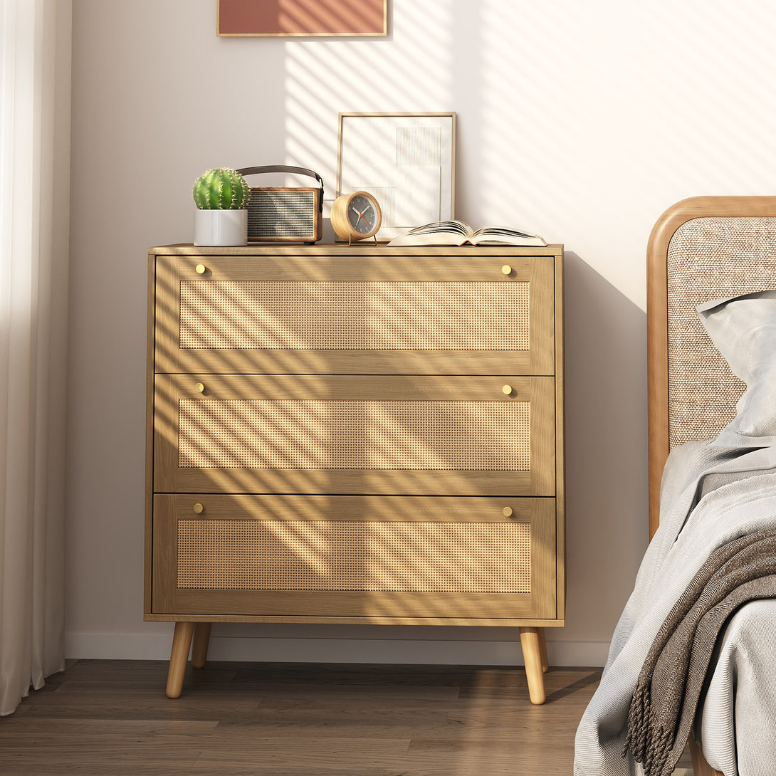 Dresser for Bedroom, Farmhouse Rattan Dressers, 3 Drawers Dressers Chest for Bedroom Hallway Living Room