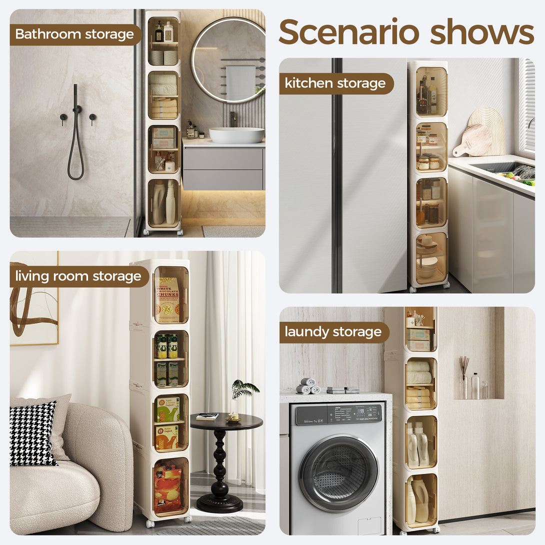 Narrow Storage Cabinet, Slim Bathromm Storage Cabinet With Wheels, Removable Partitions, Transparent Doors, Narrow Cabinet For Small Spaces, Bathroom, Bedroom, Living Room, Laundry