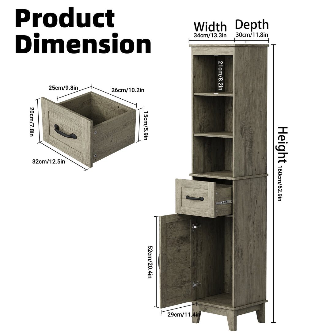 IDEALSOUL Tall Bathroom Storage Cabinet, Narrow Storage Cabinet, Freestanding Linen Cabinet with Barn Door and Drawer