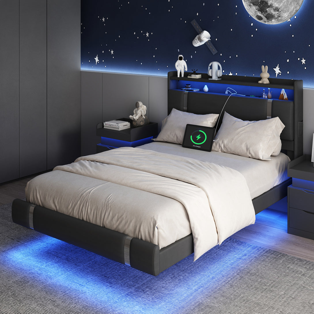 IDEALSOUL Full Size Bed Frame with LED Lights,Floating Metal Platform Bed with Storage Headboard,No Box Spring Needed,Easy to Assemble