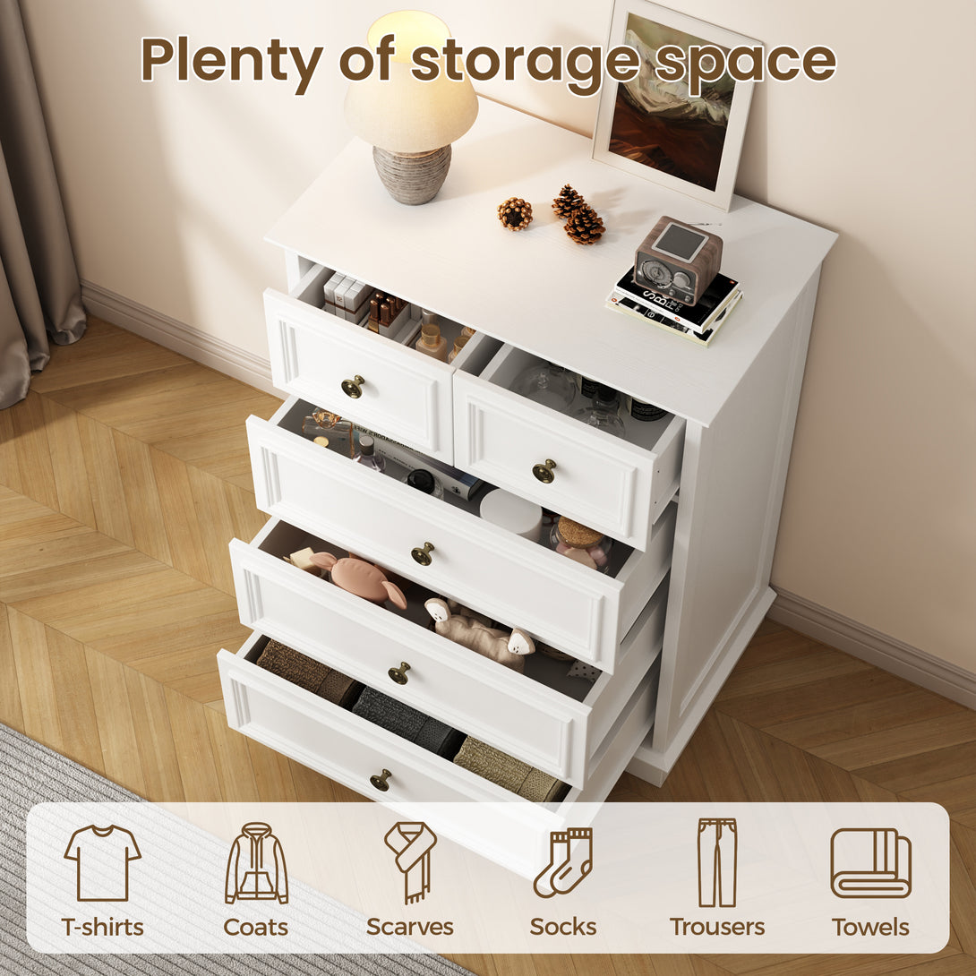 IDEALSOUL 5 Drawer Dresser for Bedroom, White Rustic Style Chest of Drawers, Retro Style 5 Drawer Dresser for Bedroom, Living Room, Bathroom