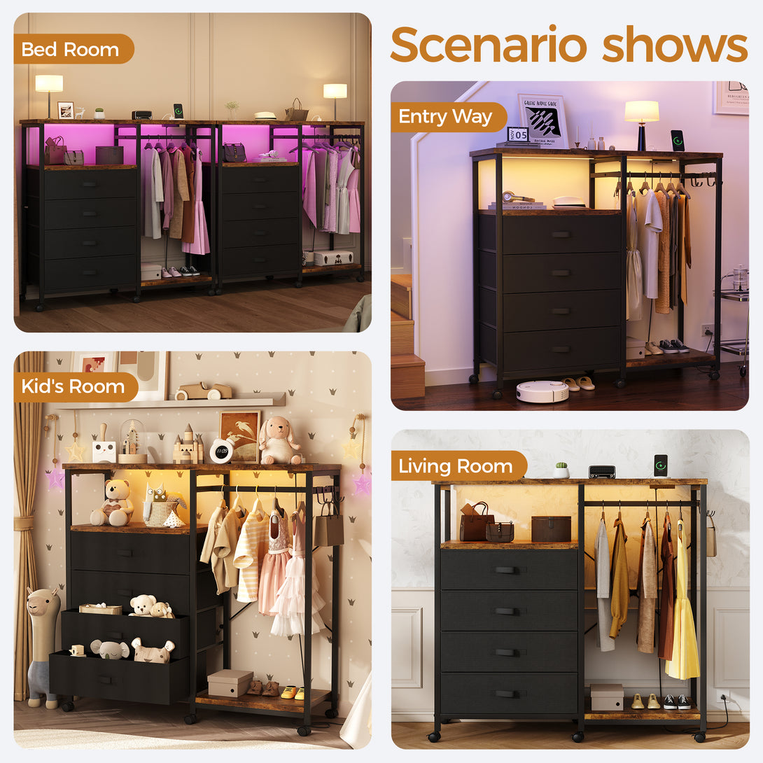 Dresser with Hanging Rack, Bedroom Dresser with Hanging Rack Chest of Drawers with Fabric Drawers & LED Lights & Charging Station, Rust Brown