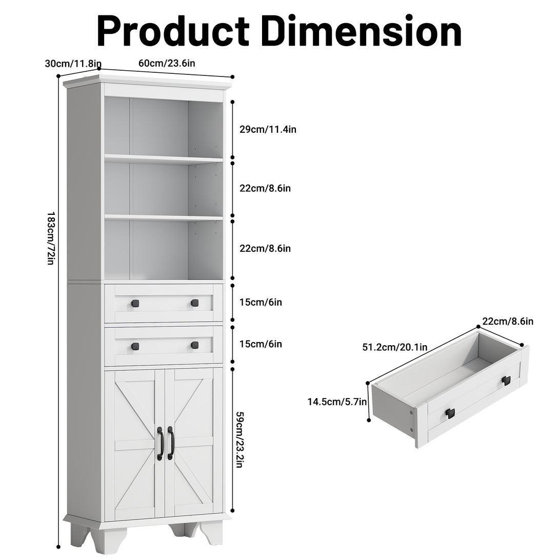 IDEALSOUL Tall Bathroom Storage Cabinet, 72" Farmhouse Storage Cabinet with 2 Drawers, Adjustable Shelves & Barn Door, Cabinet for Bathroom, Living Room, Kitchen