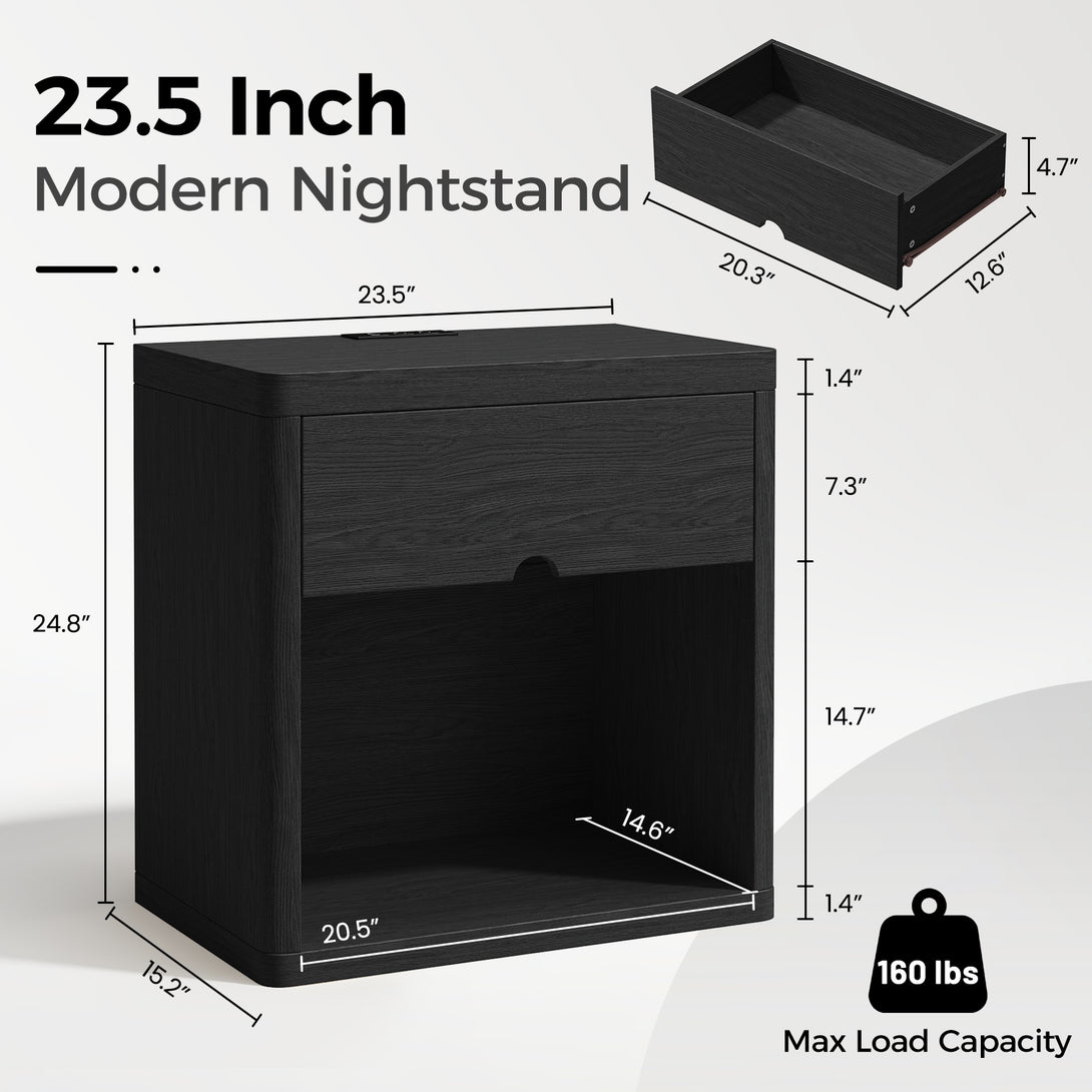 IDEALSOUL Nightstand , Nightstand with Charging Station, 24inch Bedside Table with Curved Top Corners, Crescent Shaped Buckle, Wooden End Table for Bedroom Living Room