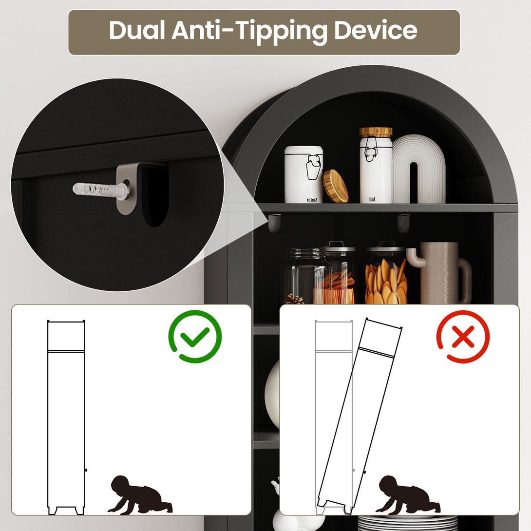 71" Arched Cabinet Tall Kitchen Pantry Cabinet, 8 Tiers Arched storage Cabinet with Doors and Shelves, Bookcase for Entryway, Hallway, Living Room