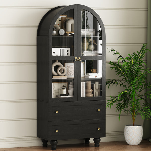 IDEALSOUL Arched Kitchen Pantry Cabinet, 70" Tall Wood Storage Cabinet with 2 Glass Doors,4 Shelves and 2 Drawers, Food Cabinet For Kitchen, Living Room, Bedroom(Black)
