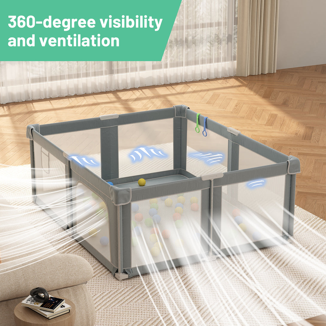 Baby Playpen, 70×61 In Play Yard, Foldable Large Playpens for Babies and Toddlers, with Mat and Carry Bag, Indoor & Outdoor Pack and Play, Oxford Fabric, Light Gray