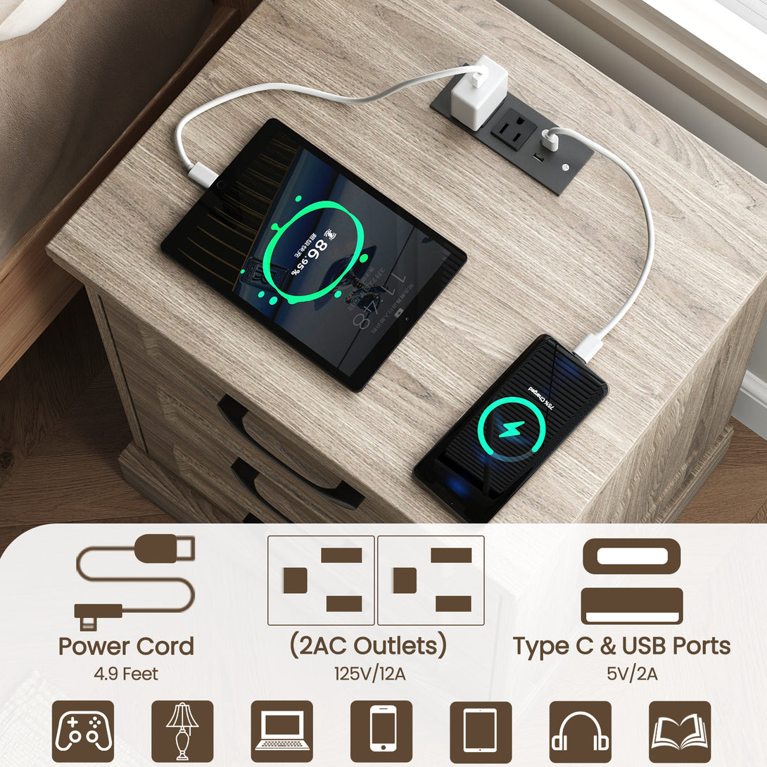 Nightstand , Farmhouse End Table with Charging Station,3 Drawers Storage