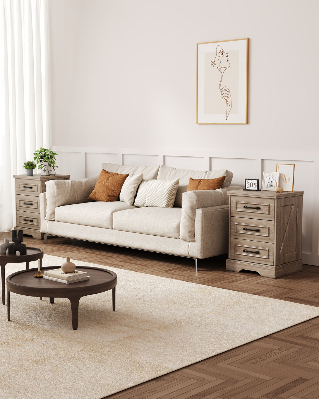 Nightstand , Farmhouse End Table with Charging Station,3 Drawers Storage