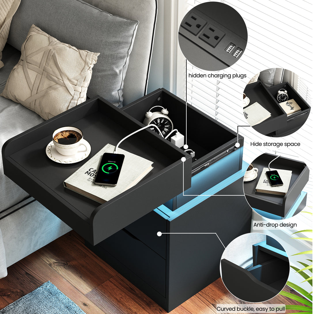 Black Nightstand with Charging Station, LED Smart Nightstand with 3 Hidden Drawer Modern Bedside Table End Side Table Nightstands for Bedroom Living Room 25" Tall
